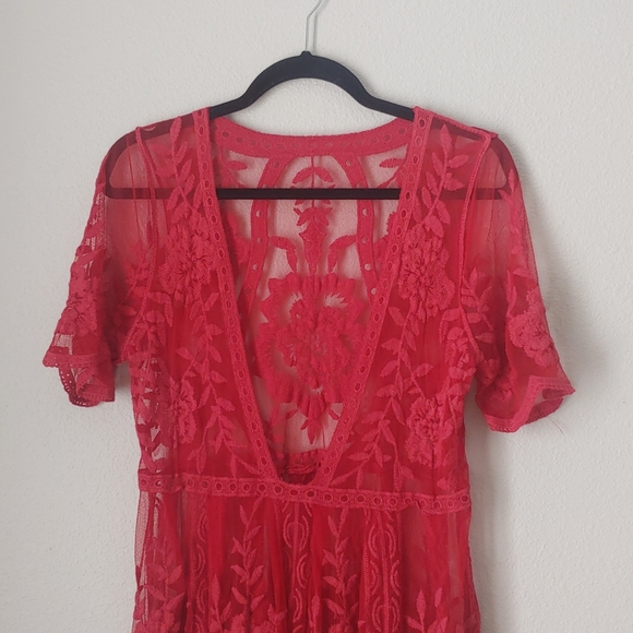 Dresses & Skirts - Red Lace V-Neck Women's Dress
